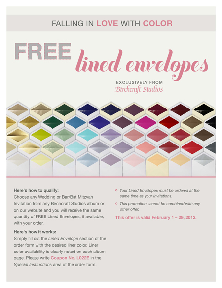 February Special Free Envelope Liners on any Birchcraft Invitation Order