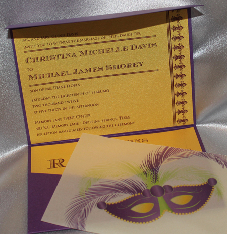 A custom wedding invitation with the beautiful colors of Mardi Gras